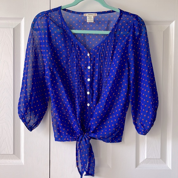Timing Tops - Timing Sheer V-neck Top w/ Front Tie | Blue w/ Orange Polka Dots | L